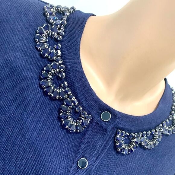 New Ladies Beaded Crewneck Cardigan In Navy - Picture 4 of 14